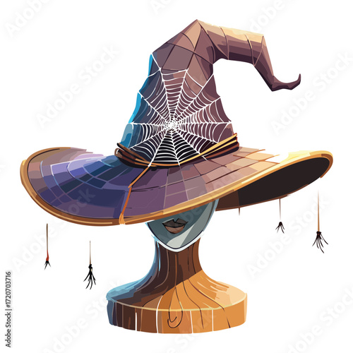 Tattered Witch Hat with a Spiderweb and Spider, a Spooky Halloween Accessory