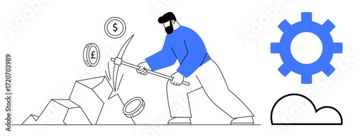 Worker mining coins with pickaxe from rocks, featuring a gear and cloud. Ideal for technology, cryptocurrency, digital finance, blockchain, innovation, hard work, simple flat metaphor