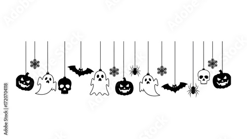 Halloween Garland: A spooky collection of hanging Halloween icons, including grinning pumpkins, friendly ghosts, bats, spiders, and skulls, creates a festive, minimalist.