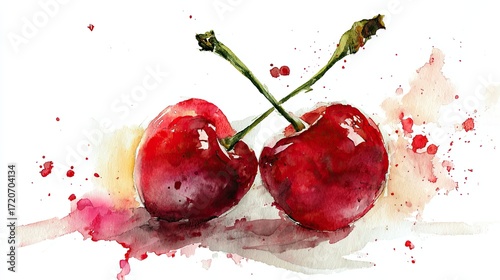 Two vibrant red cherries with intertwined stems, surrounded by watercolor splashes, creating a cheerful and artistic fruit illustration.