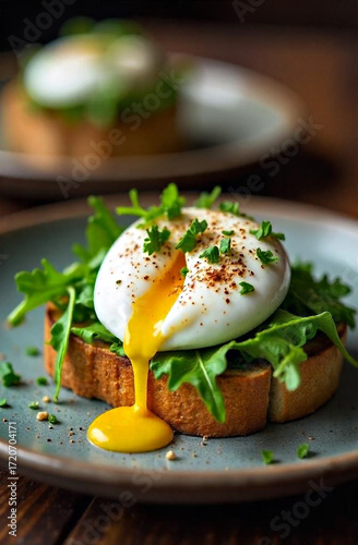 poached egg on white bread with herbs	
