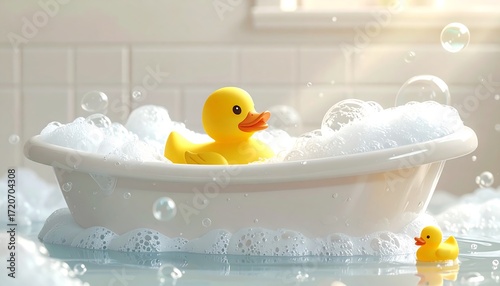 Baby bath tub with rubber ducks and bubbles