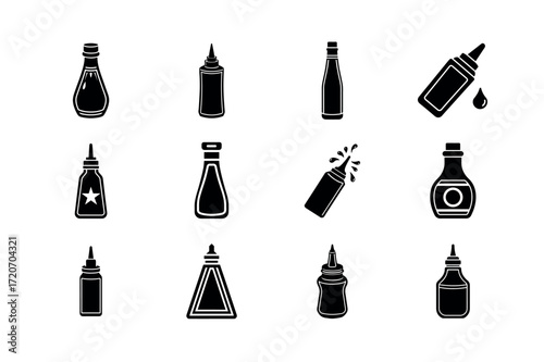 Sauce and Condiment Bottle Icons – Ketchup Mustard Soy Sauce Vector Set