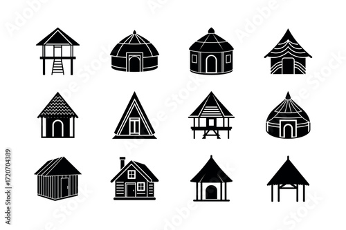 Hut and Cabin Icons – Traditional Houses and Shelter Vector Set