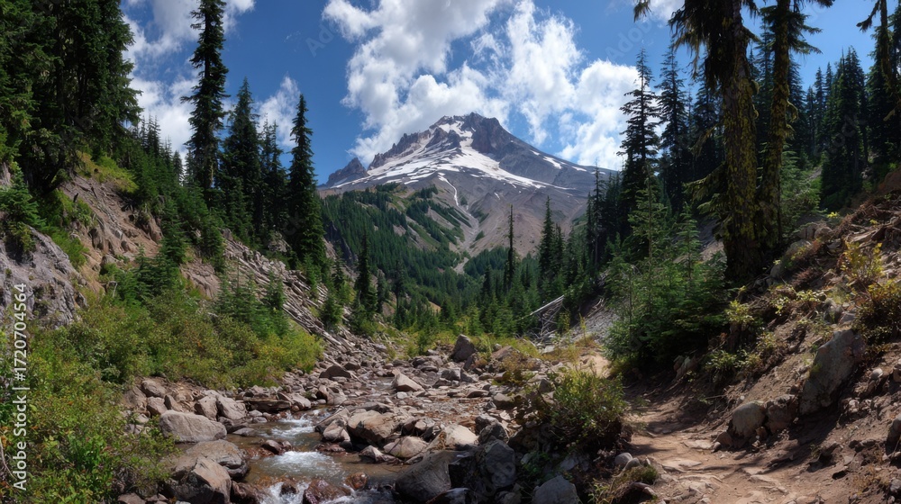 Fototapeta premium A clear stream winds through rocky terrain surrounded by tall trees. Above a grand mountain stands partially covered in snow under a bright blue sky filled with fluffy clouds.