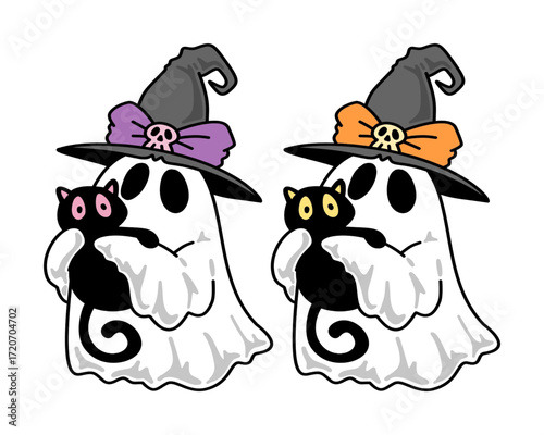 Cute Halloween Ghost Holding Black Cats with Festive Hats and Ribbons