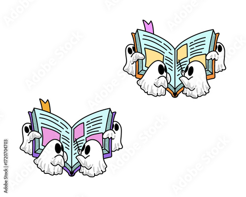 Cute Halloween ghosts reading books together, a whimsical illustration for your spooky season designs