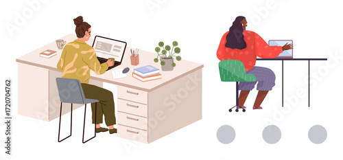 Two individuals using laptops at desks with accessories thumbs up books and plants. Ideal for remote work, productivity, collaboration, office culture, communication, creativity, teamwork. Simple