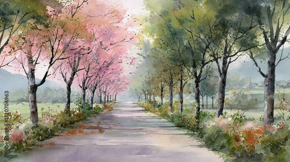Naklejka premium A serene watercolor landscape depicting a tree-lined road with pink and green foliage, inviting tranquility and beauty in nature.