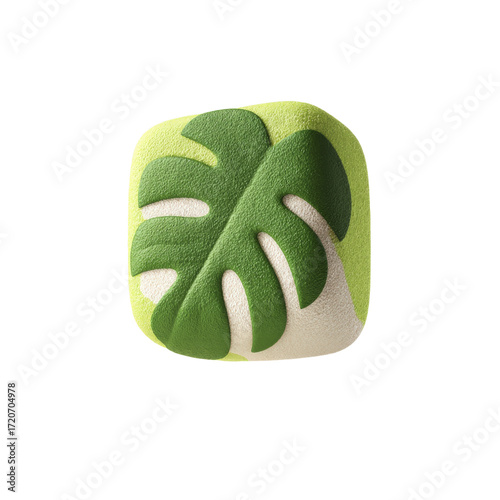 Textured Monstera leaf imprint on a soft rounded geometric shape with gradient green and beige colors