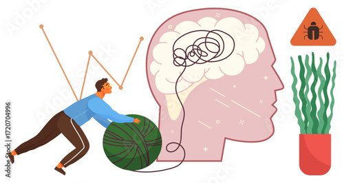Man pushing yarn ball toward tangled threads in brain silhouette, bug warning, and plant. Ideal for mental health, problem-solving, mindfulness, therapy, stress management, innovation resilience