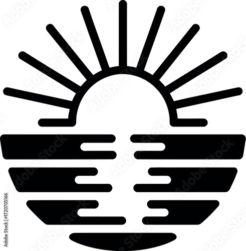 Stylized sun rising over water, evoking hope and new beginnings.
