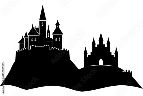 Castle on hill silhouette vector isolated on white background