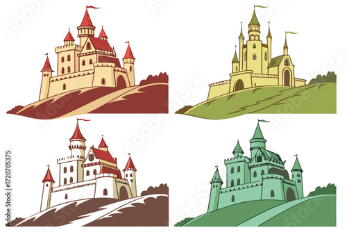 set of Castle on hill silhouette vector isolated on white background