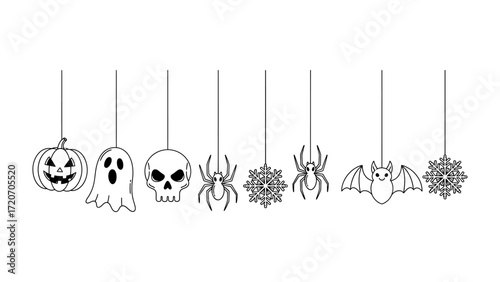Halloween Decorations: A spooky collection of Halloween decorations, featuring pumpkins, ghosts, skulls, spiders, snowflakes, and bats.