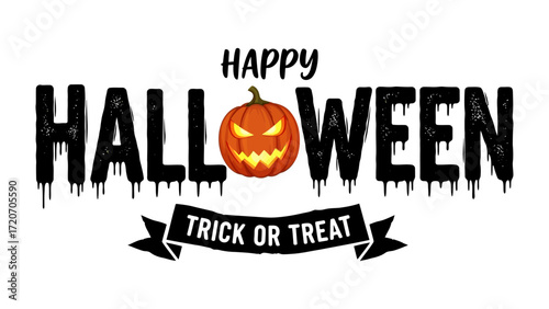 Spooky Halloween Banner: Captivating banner design with Happy Halloween with trick or treat phrase, a carved pumpkin design exudes the spirit of fright and delight.
