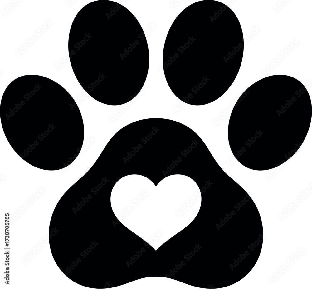 Fototapeta premium Black paw print with a white heart cutout symbolizes love for pets