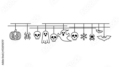 Halloween Hanging Decorations: A spooky ensemble of playful line art, featuring iconic Halloween symbols, ready to adorn a festive backdrop, with a touch of eerie delight.