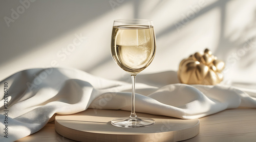 Two crystal glasses of white wine champagne on a table, an alcoholic beverage for a celebration dinner party