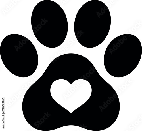 Black paw print with a white heart cutout symbolizes love for pets