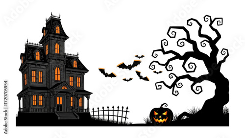Spooky Halloween Silhouette: A dark, foreboding silhouette showcases a haunted house with glowing windows, bats taking flight under the eerie glow of the moon.