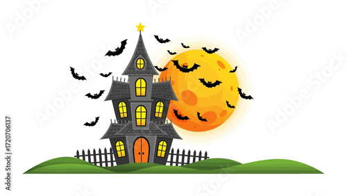 Spooky Night's Embrace: A spectral mansion crowns the foreground, encircled by soaring bats under the moon's eerie gaze, capturing the essence of Halloween's charm.