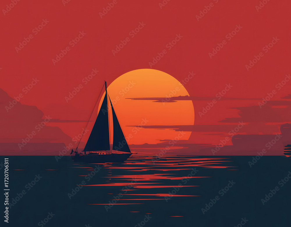 Fototapeta premium Minimalist Sailboat on Calm Sea with Bright Sunset Horizon