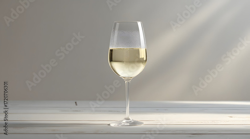 Two crystal glasses of white wine champagne on a table, an alcoholic beverage for a celebration dinner party