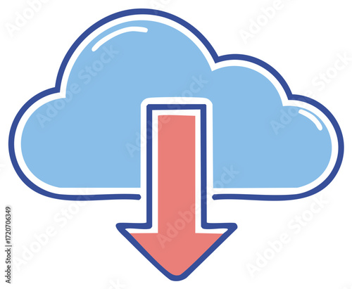 Blue cloud and red arrow symbolizing data download and online cloud storage service