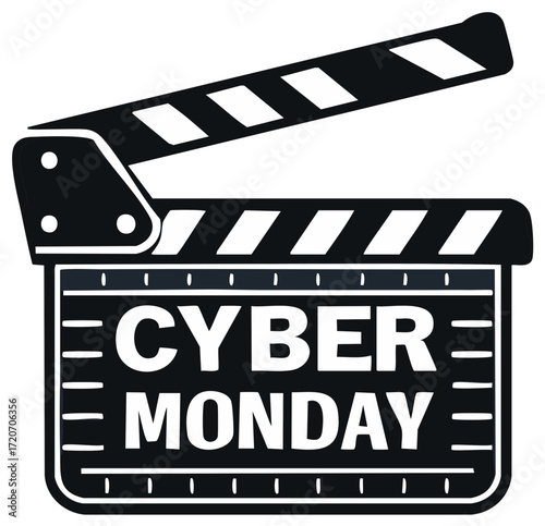 Clapperboard With Cyber Monday Text and White Stripes on Black Background