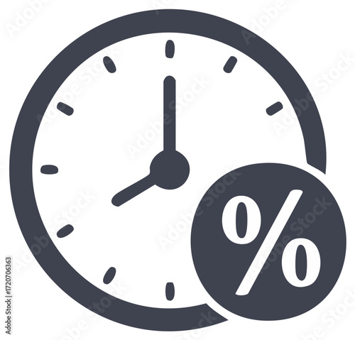Clock face with hands and percentage sign illustration for limited time offers and promotional sales