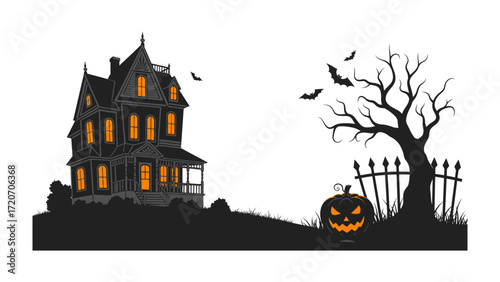 Spooky House at Halloween: A chilling silhouette of a haunted house with a grinning jack-o'-lantern, bare tree, and bats against a mysterious night sky, invoking the spirit of Halloween.