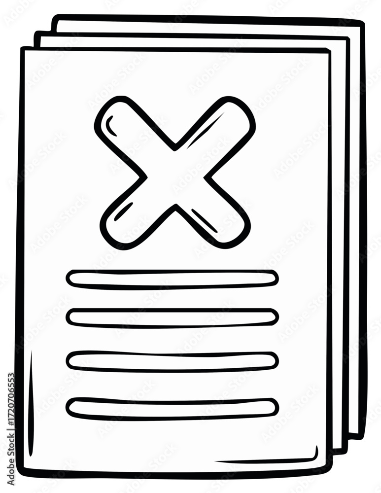 Fototapeta premium Hand-drawn illustration of a paper document with a large X mark and lines for text.