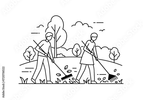 Two people raking leaves together in a park during autumn  