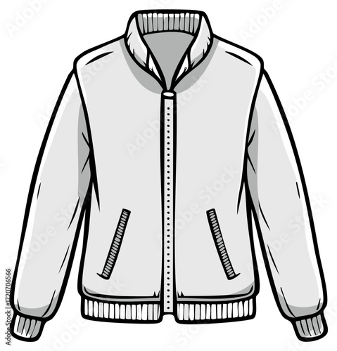 Cartoon Gray Varsity Jacket Illustration Isolated Fashionable Outerwear with Pockets and Zipper