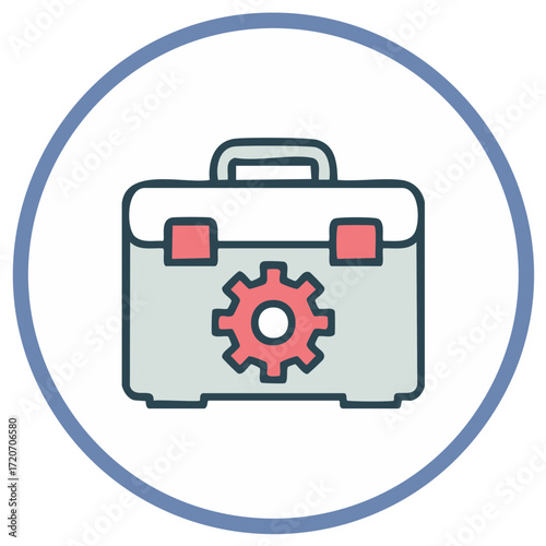 Toolbox illustration with cogwheel design icon inside a circle