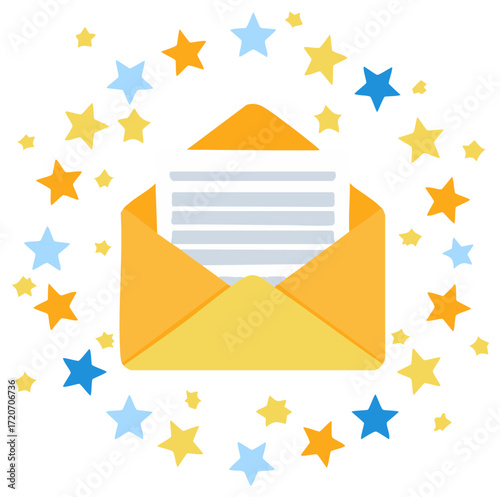 Open envelope with stationery surrounded by glowing stars, communication, delivery concept illustration