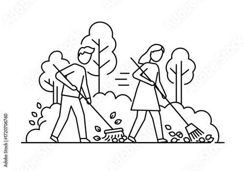 Two people raking leaves together in a park during autumn  