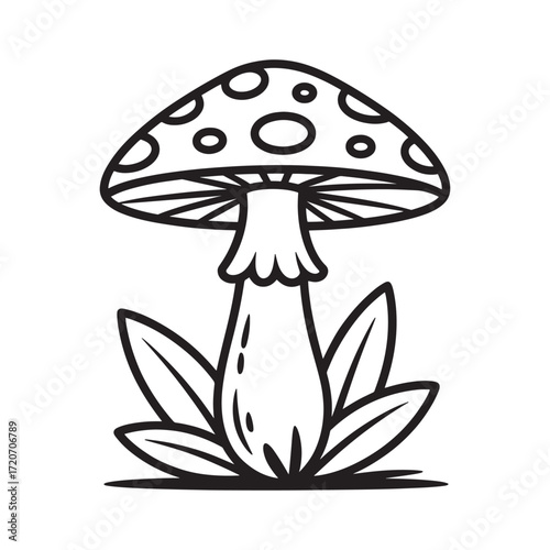 Whimsical Mushroom Illustration with Distinct Spots and Leafy Base, a Charming Black and White Design for Nature Lovers