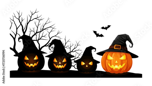 Spooky Halloween Pumpkins: Festive Jack-o'-lanterns with playful witch hats, evoking the spooky spirit of All Hallows' Eve, are ready to cast a magical spell.