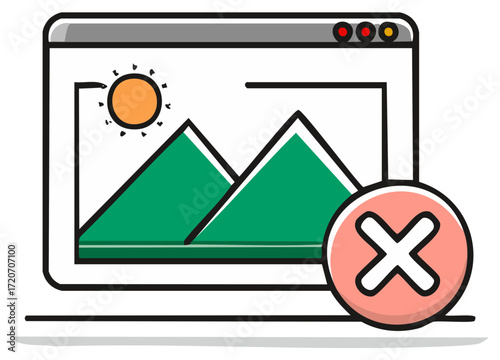 Computer screen showing landscape with a red cross indicating error or deletion