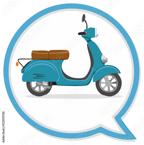 Turquoise scooter icon illustration in blue speech bubble, retro style mobility vehicle, vintage travel scooter transport