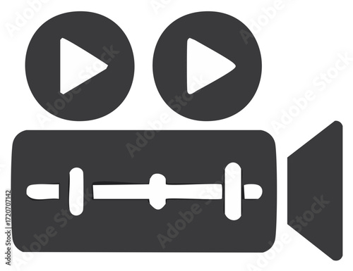 Creative video camera icon with play buttons and audio mixer slider for media production.