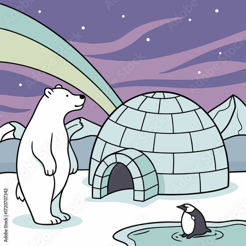 A charming cartoon illustration of a friendly polar bear standing beside a snow igloo under the colorful aurora borealis with a small penguin swimming in a nearby ice hole