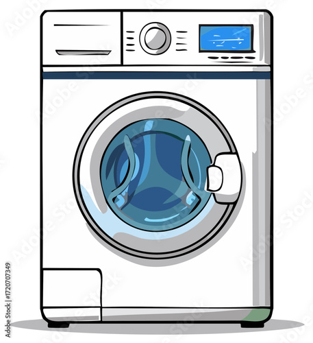 Cartoon Illustration of a White Front Loading Washing Machine Laundry Appliance