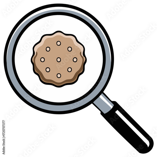 Magnifying glass examining a circular cookie with seven small dots on a white backdrop