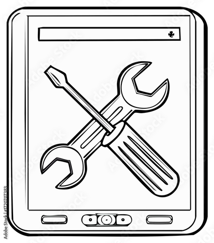 Tablet PC with crossed tools like a wrench and screwdriver repair service logo