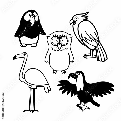 A charming collection of five distinct cartoon birds including a penguin owl flamingo eagle and another bird of prey depicted in a simple black and white line art style on a clean white background