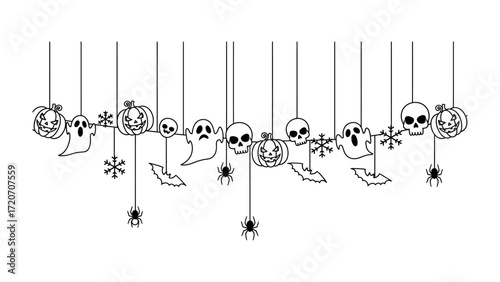 Spooky Garland of Halloween Icons: a garland of halloween illustrations features smiling ghost, skull, bat, carved pumpkin, spider and snowflake, suspended against an uncolored backdrop.