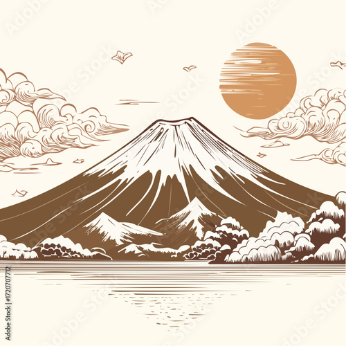 A exquisite vector illustration of Mount Fuji in a historical sketch style, with fine pen lines and a sepia-toned palette, capturing traditional Japanese artistry, perfect for cultural exhibits.
